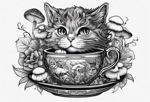 A mysterious cat with a hot mushrooms cup of tea tattoo idea