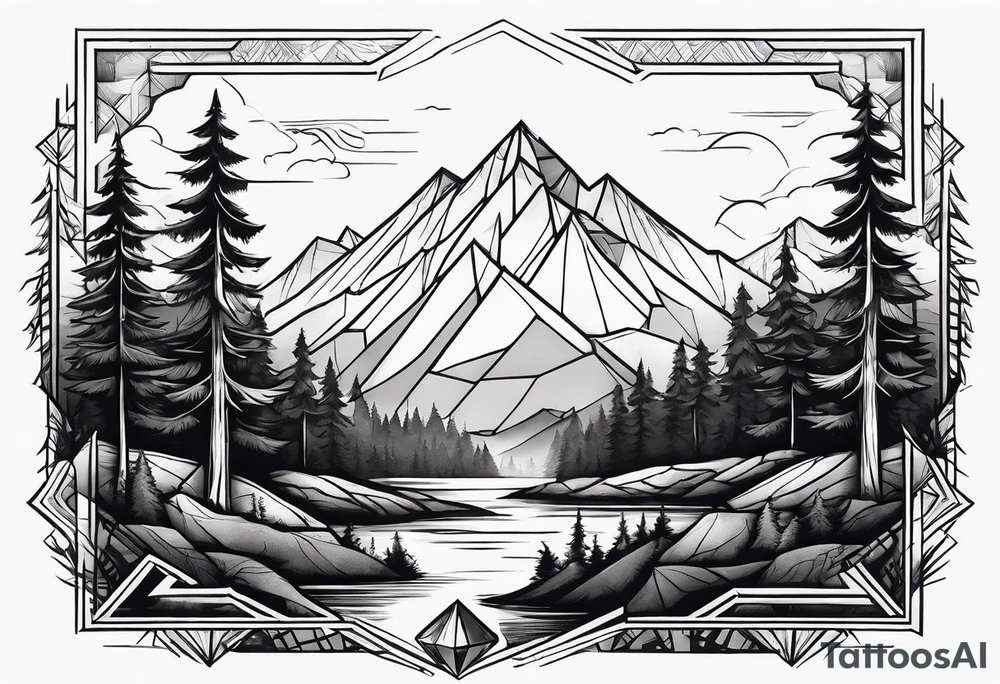 a forest along the edges with mountains below and in the distance with full trees and a diamond in the middle tattoo idea