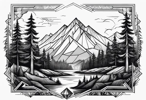 a forest along the edges with mountains below and in the distance with full trees and a diamond in the middle tattoo idea