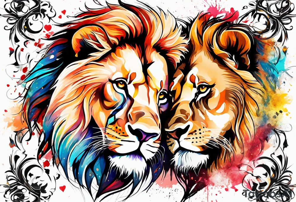 Water Colour splash back. Male and Female. Lions. Power and love. One protecting the other tattoo idea