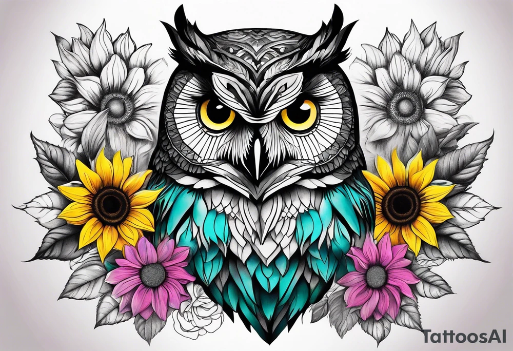 Black and white owl shaded teal, pink and purple surrounded by yellow sunflowers sleeve tattoo idea