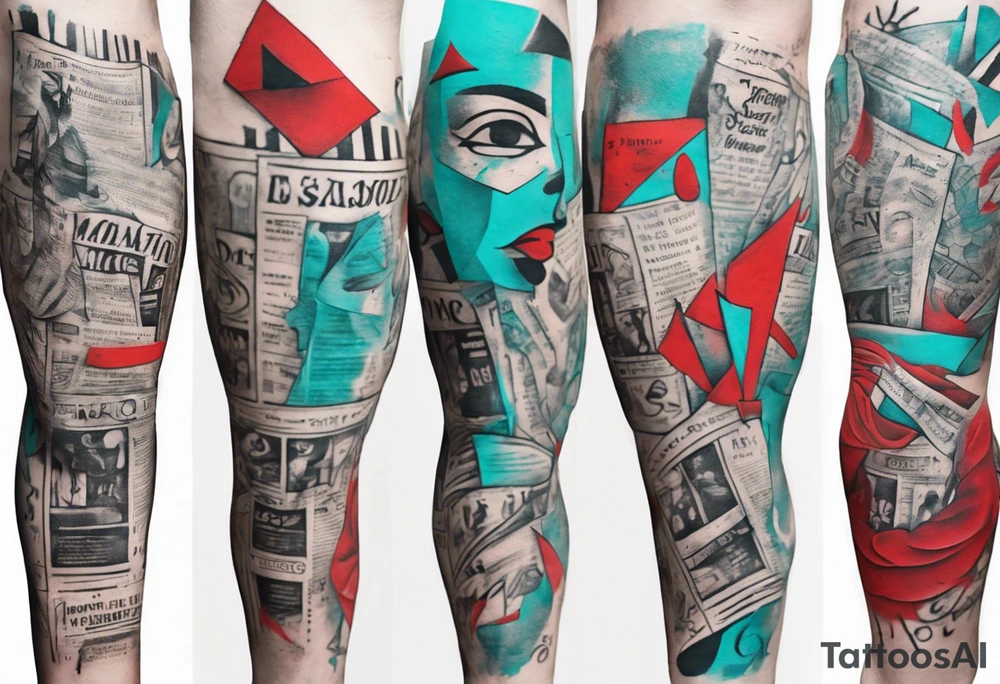 an art showing a newspaper on the leg and shoulder, old ritual, in the style of abstract portraits, textured pigment planes, red and cyan, stencil art, gothic romanticism, full white background <https://s.mj.run/gUiE1vI_8x0> tattoo idea