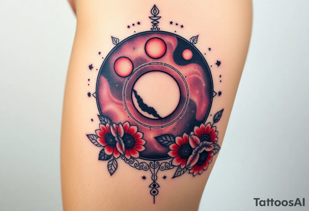 Milky way galaxy .. planets with zodiac symbols and protection runes with red roses and sunflowers tattoo idea