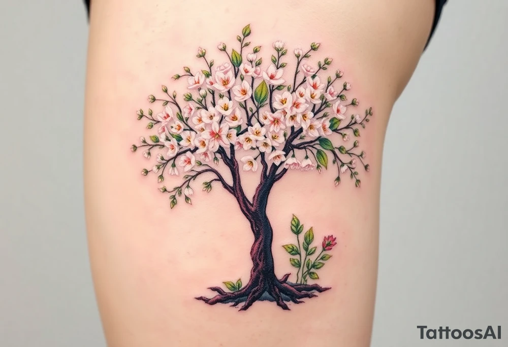 Flowering hawthorne tree with white lilly of the vally bell plants planted by  tree with other lilly plants tattoo idea