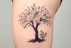 Flowering hawthorne tree with white lilly of the vally bell plants planted by  tree with other lilly plants tattoo idea