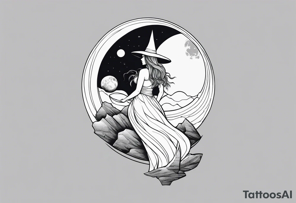 witch holding the moon on a cliff tattoo idea