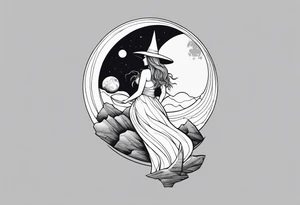 witch holding the moon on a cliff tattoo idea