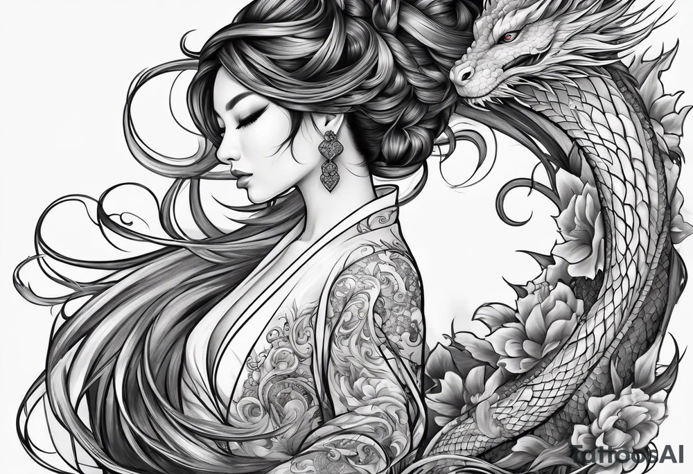 Long dragon long swirly tail girl tattoo idea