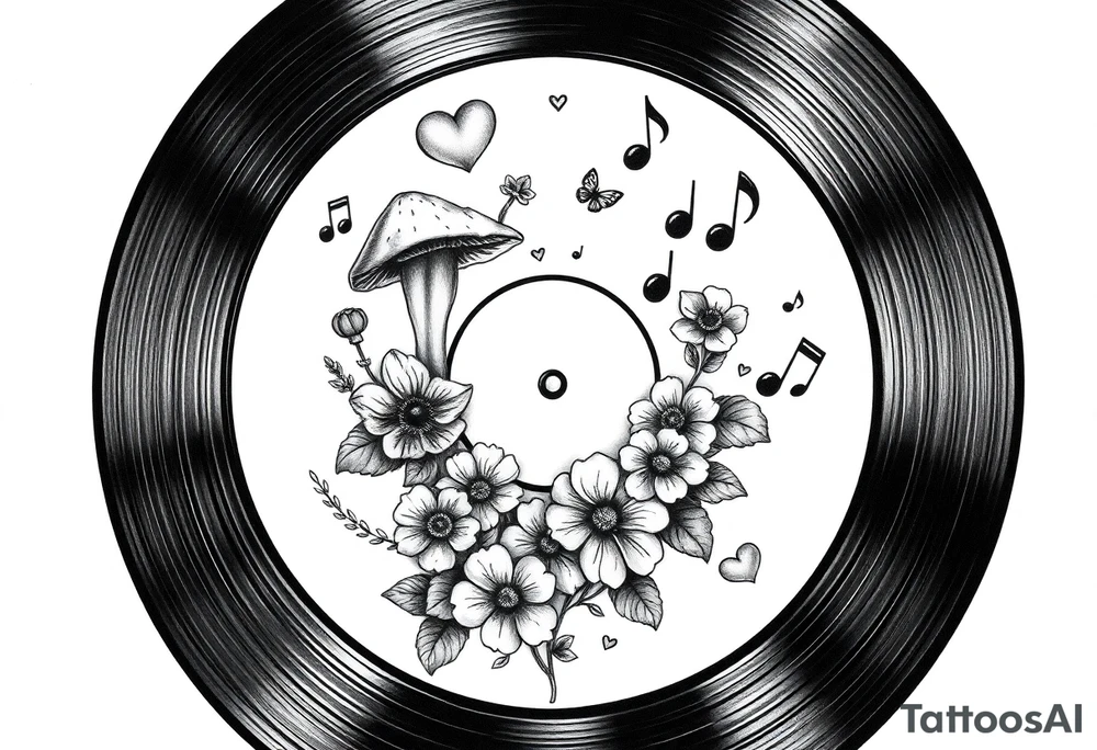 vinyl record with mushrooms, flowers, hearts, and music notes tattoo idea