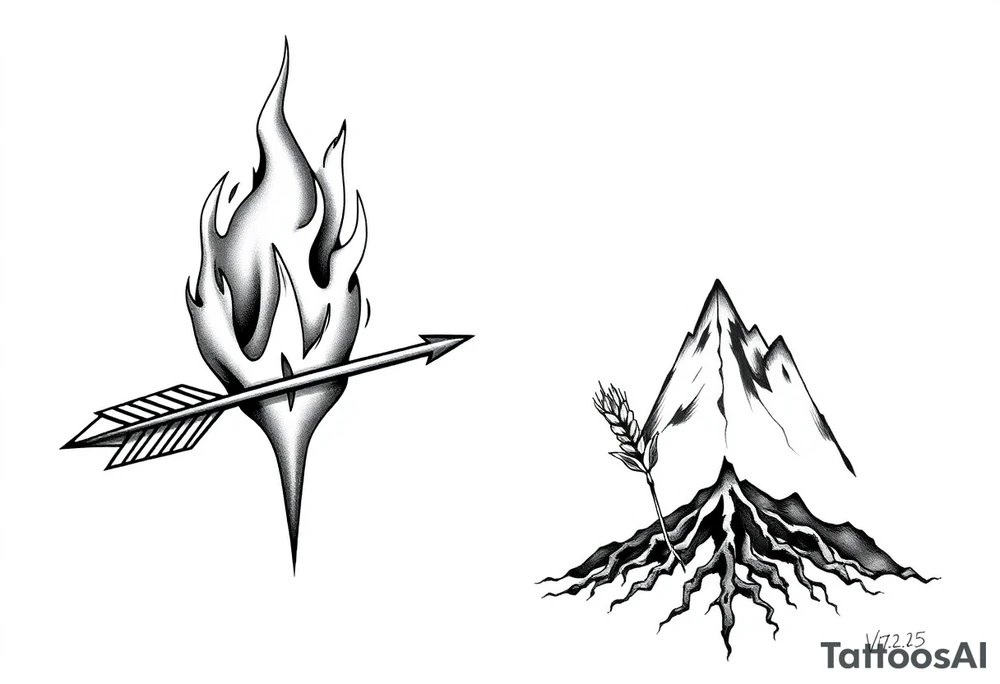 Your tattoo: A roaring flame with a graffiti-style arrow (representing the Sagittarian archer) piercing through it. The arrow's fletching can subtly integrate your initial 'J' in a fluid script. The flame can be rendered in black and grey for a hardcore look, with just a hint of red or orange smoldering in the embers.
His tattoo: The cracked earth or a mountain range with roots, rendered in a bold, blackwork style. A detailed, minimalist ear of wheat (Virgo's symbol) grows from the cracks, and the root system below can be shaped to form his initial 'T.'
Connection: When you stand side-by-side, the flame and cracked earth meet, symbolizing the intensity and stability of your bond. The date "7.27.25" can be tattooed in a small, hidden numerical code, perhaps disguised within the arrow's grip or the mountain's cracks. tattoo idea