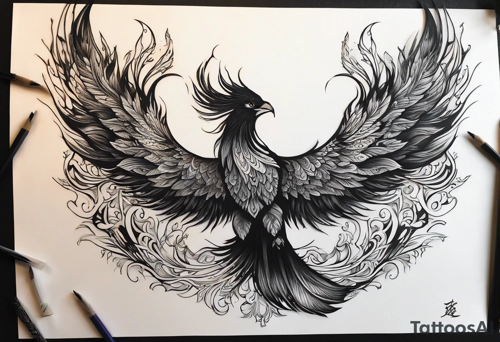 A majestic fire phoenix, rising powerfully with its wings spread wide and feathers flowing, representing rebirth and resilience. The phoenix is detailed with intricate feathers, creating a sense of movement and vitality. The design is bold, with deep shading and texture that adds dimension and intensity to its form. tattoo idea