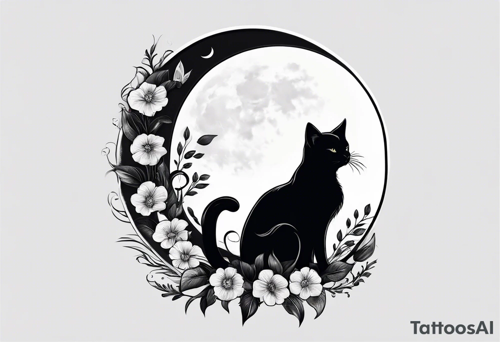 Photo realistic black cat with moon and flowers tattoo idea