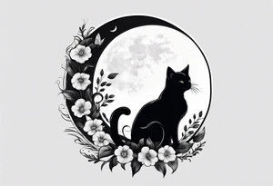 Photo realistic black cat with moon and flowers tattoo idea