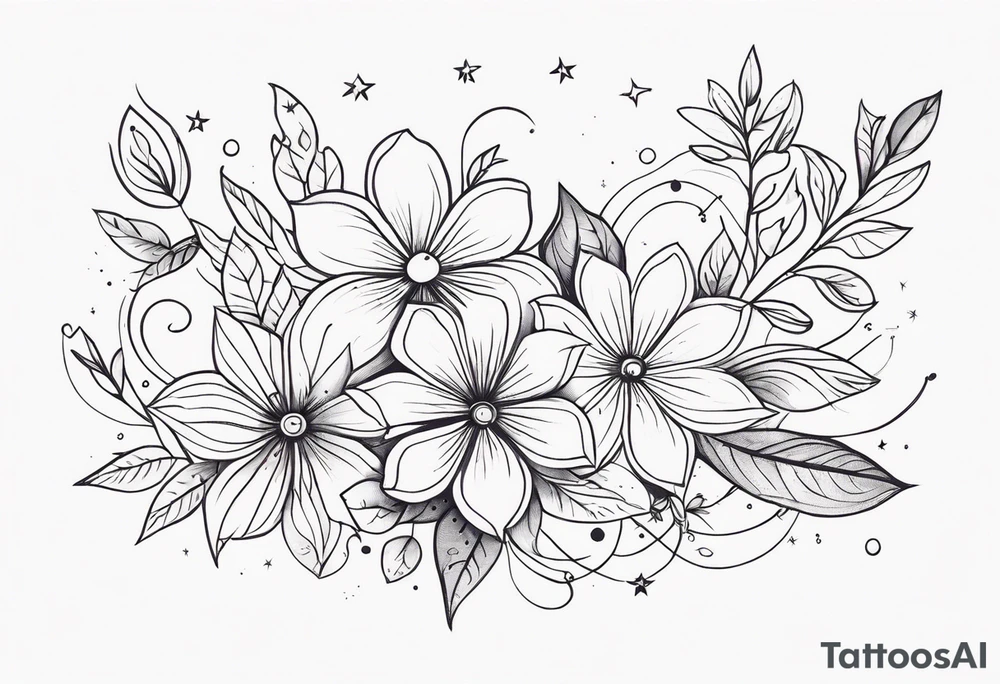 fine line different floral with stars, swirls, dots tattoo idea
