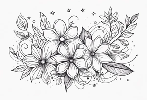 fine line different floral with stars, swirls, dots tattoo idea