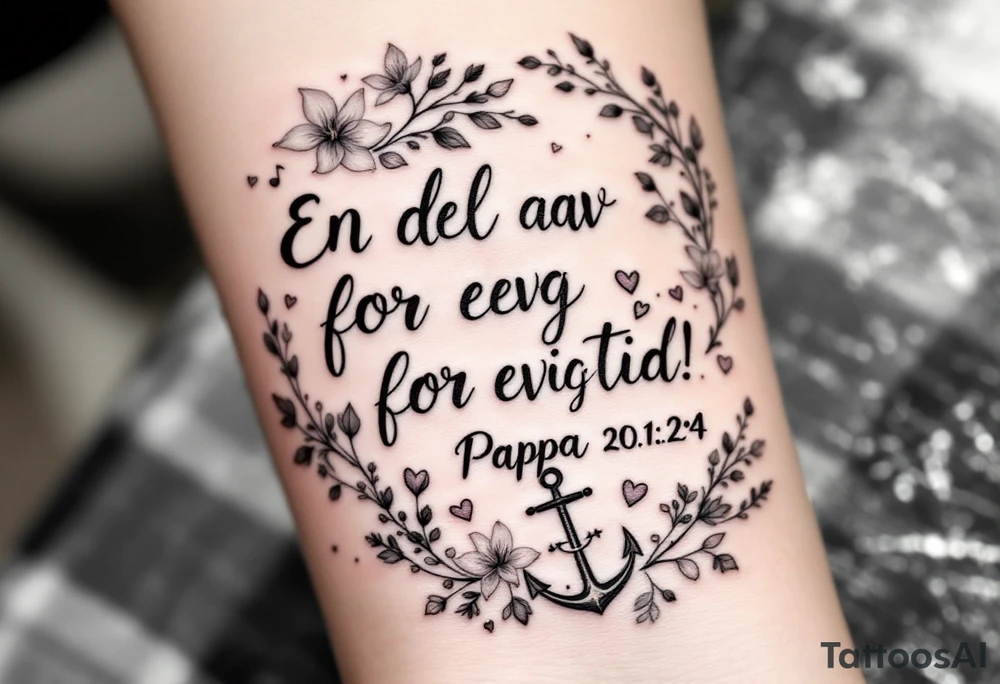 make a quote saying "En del av deg for evig tid! 
Pappa 20.12.24"
Surrounded by delicate long blossom gladious, music notes, hearts and an anchor on the lower right side tattoo idea