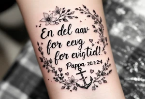 make a quote saying "En del av deg for evig tid! 
Pappa 20.12.24"
Surrounded by delicate long blossom gladious, music notes, hearts and an anchor on the lower right side tattoo idea