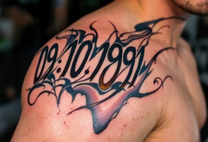 Classic 09.10.1991 in Roman numerals across the ribs with deep mahogany ink. tattoo idea