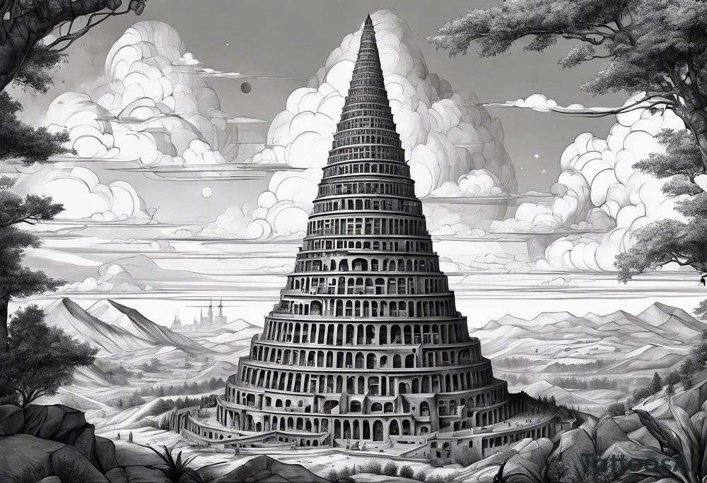 a surrealistic representation of the babel tower in the big bang tattoo idea