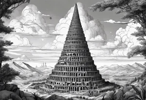 a surrealistic representation of the babel tower in the big bang tattoo idea