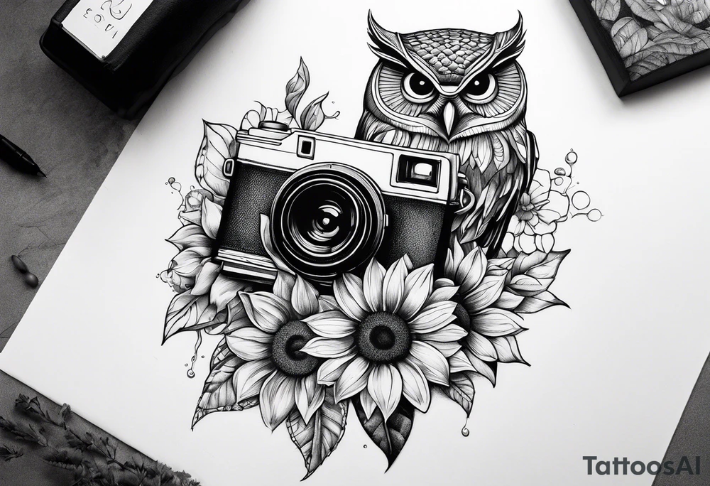 sunflower, camera, fish, owl tattoo idea