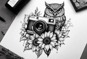 sunflower, camera, fish, owl tattoo idea