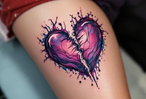 A heart being torn apart colored in deep purples and blues, symbolizing heartbreak and struggle. tattoo idea