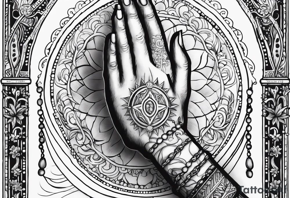 Vertical, hands of God holding a rosary with the words "Todo la tierra esta llehande su gloria" tattoo idea