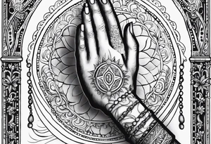 Vertical, hands of God holding a rosary with the words "Todo la tierra esta llehande su gloria" tattoo idea