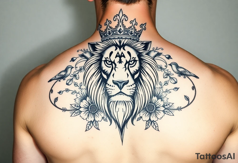 powerful majestic lion with a crown, surrounded by floral ornaments and birds tattoo idea