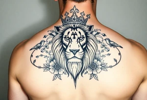 powerful majestic lion with a crown, surrounded by floral ornaments and birds tattoo idea