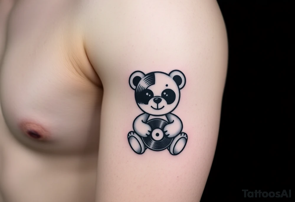 minimalist teddy bear with vinyl records as eyes smiling and sitting on a record yer tattoo idea