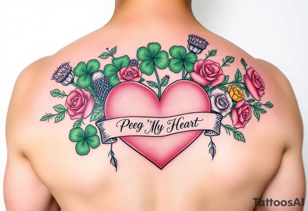 Bunch of Green shamrocks & a few purple thistles and a few red & yellow roses with a big Pink heart and a banner across the heart that says " Peg 'o My Heart" tattoo idea