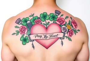 Bunch of Green shamrocks & a few purple thistles and a few red & yellow roses with a big Pink heart and a banner across the heart that says " Peg 'o My Heart" tattoo idea