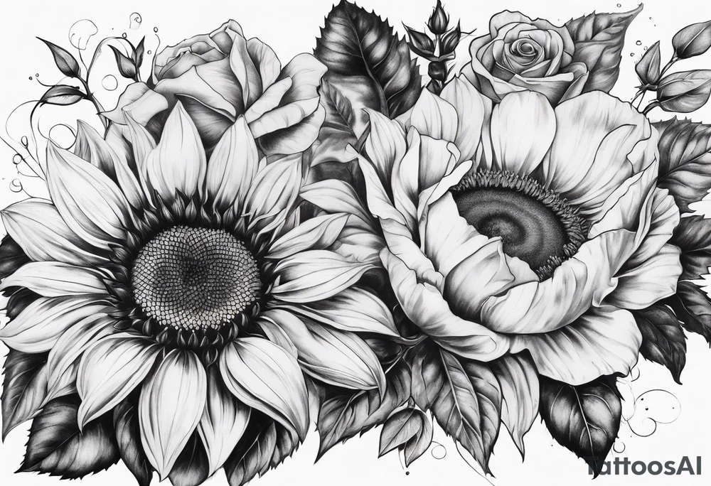 Sunflower and rose flower tattoo idea