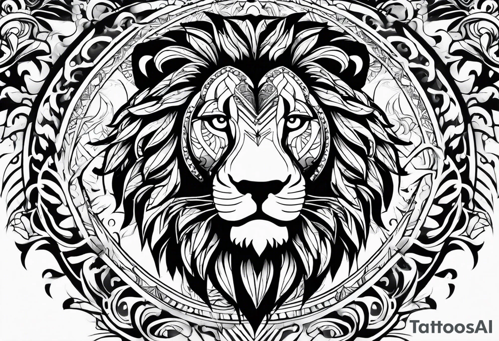 Tribal surrounding a lion arm sleeve tattoo idea