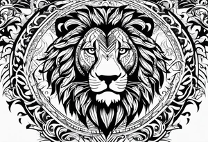 Tribal surrounding a lion arm sleeve tattoo idea