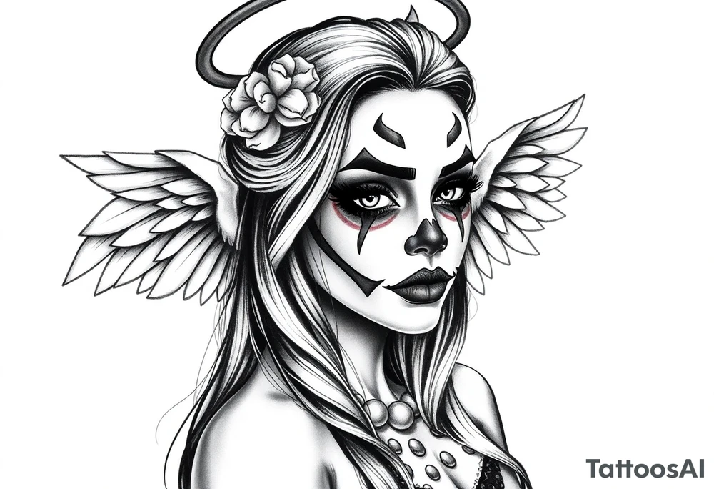 Chicana beautiful long hair clown makeup angel wings tattoo idea