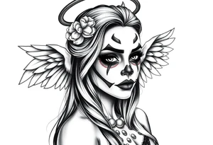 Chicana beautiful long hair clown makeup angel wings tattoo idea