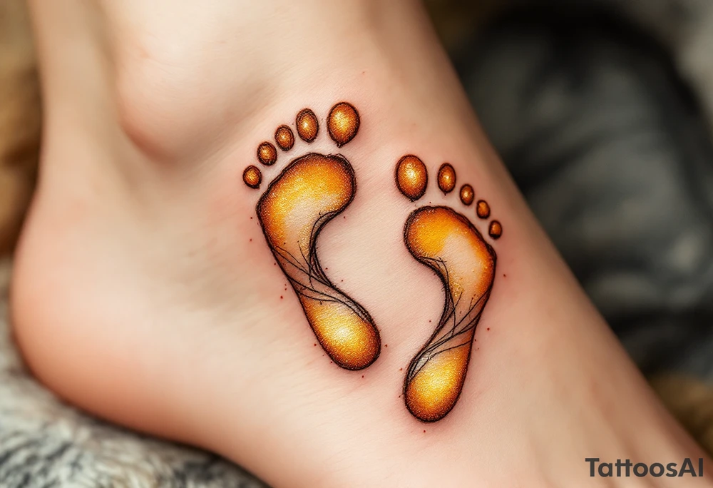 Golden yellow and soft brown footprints of Lukáš, paired with a heart to symbolize the love he brings into the world. tattoo idea