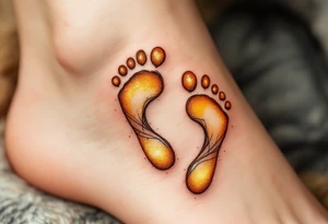 Golden yellow and soft brown footprints of Lukáš, paired with a heart to symbolize the love he brings into the world. tattoo idea