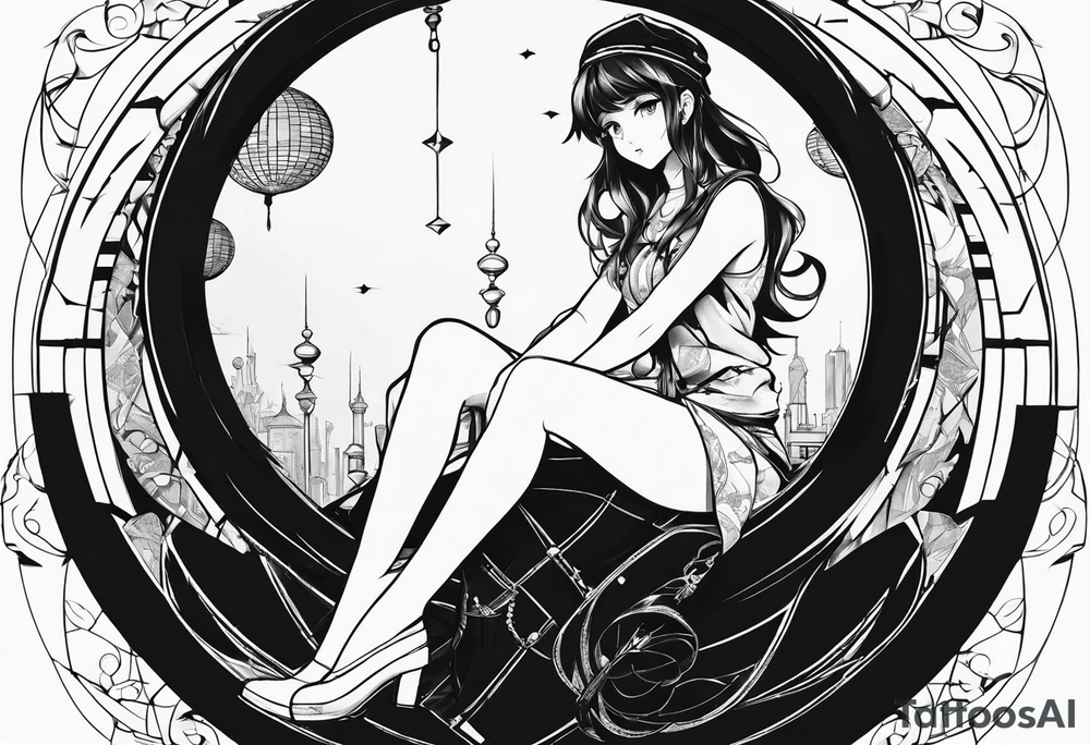 an anime girl sitting on a small sphere, staring front tattoo idea