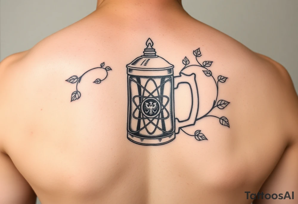 A fine line style German stein in a with an atom and vines on it tattoo idea