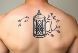 A fine line style German stein in a with an atom and vines on it tattoo idea
