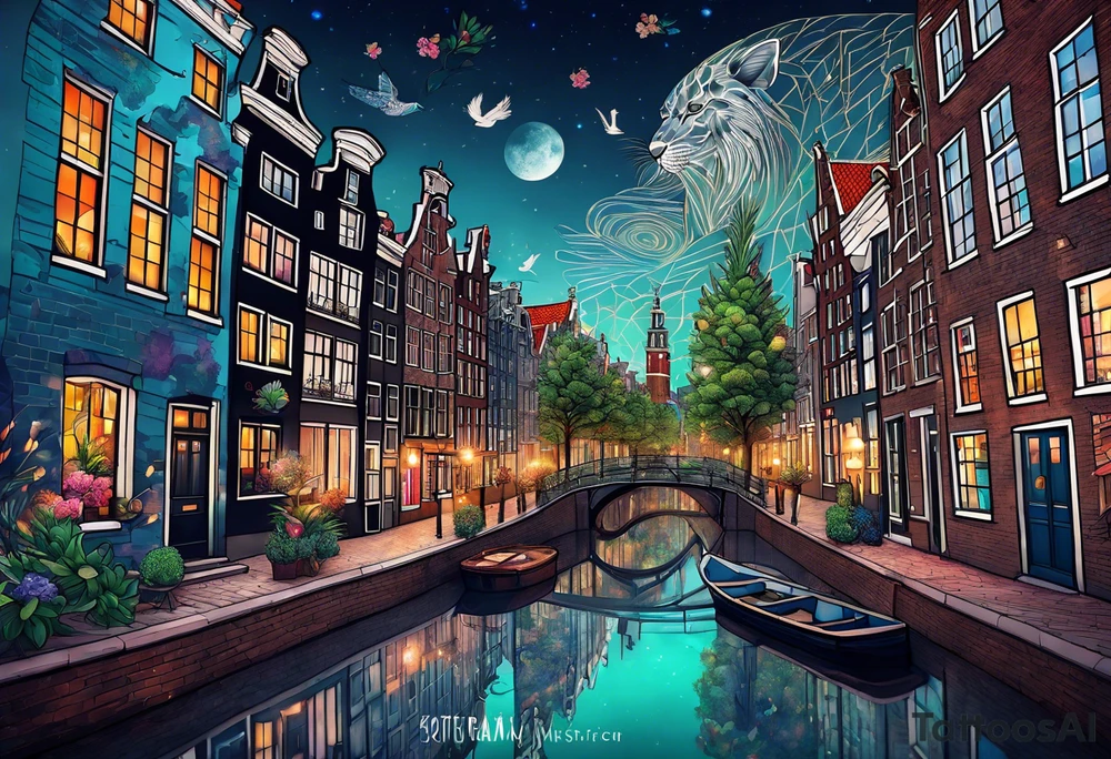 Stag deer with white tiger and birds with pineapples featuring Amsterdam buildings and canal in galaxy colours and Amsterdam buildings and canal in space tattoo idea