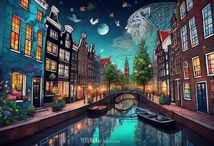 Stag deer with white tiger and birds with pineapples featuring Amsterdam buildings and canal in galaxy colours and Amsterdam buildings and canal in space tattoo idea