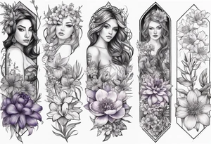 Full sleeve with larkspur and water Lilly, chrysanthemum and peony, Iris and violet, hawthorn and lily of the valley. Add a juniper tree and palm tree female tattoo tattoo idea