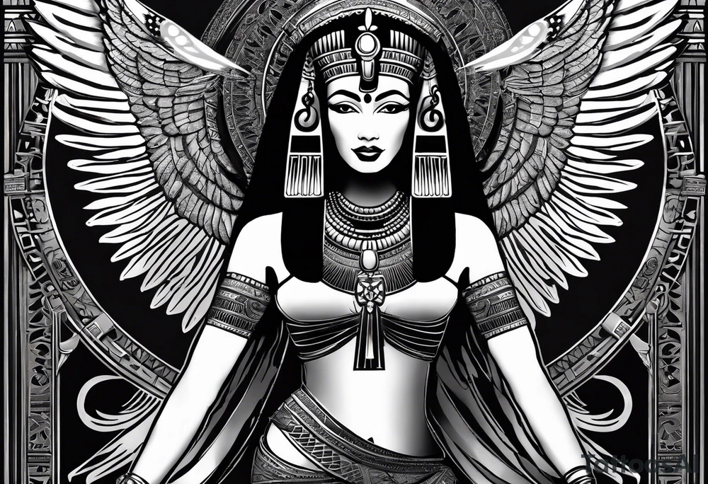 black and white Egyptian goddess Isis, who is often depicted as a woman with outstretched wings, holding an ankh (a symbol of life) in one hand and a lotus flower in the other. Her headdress often includes a throne or a solar disk. The tattoo design can vary in style and size, but it typically aims to capture the essence of this revered Egyptian deity, emphasizing her beauty, power, and maternal qualities. The choice of colors and additional elements can also be customized to create a unique and visually striking representation of the goddess Isis tattoo idea