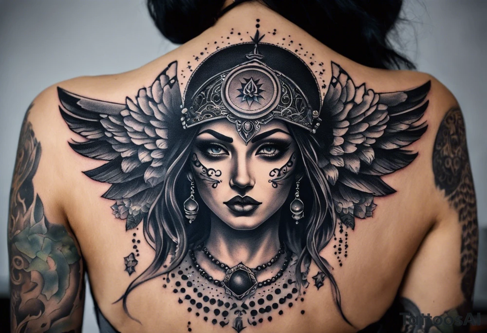 black kali, goddess pirate, alien, angel, pachamama, valkrye, warrior, flying, skull, lotus azul, wing, eagle, zenza resonance, stars, 5D, anahata chakra, death, durga, riding on a tiger, flying lady, chest tatoo tattoo idea