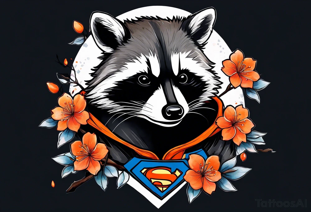 Raccoon wearing a white Superman logo on a black hoodie and orange Japanese cherry blossoms tattoo idea